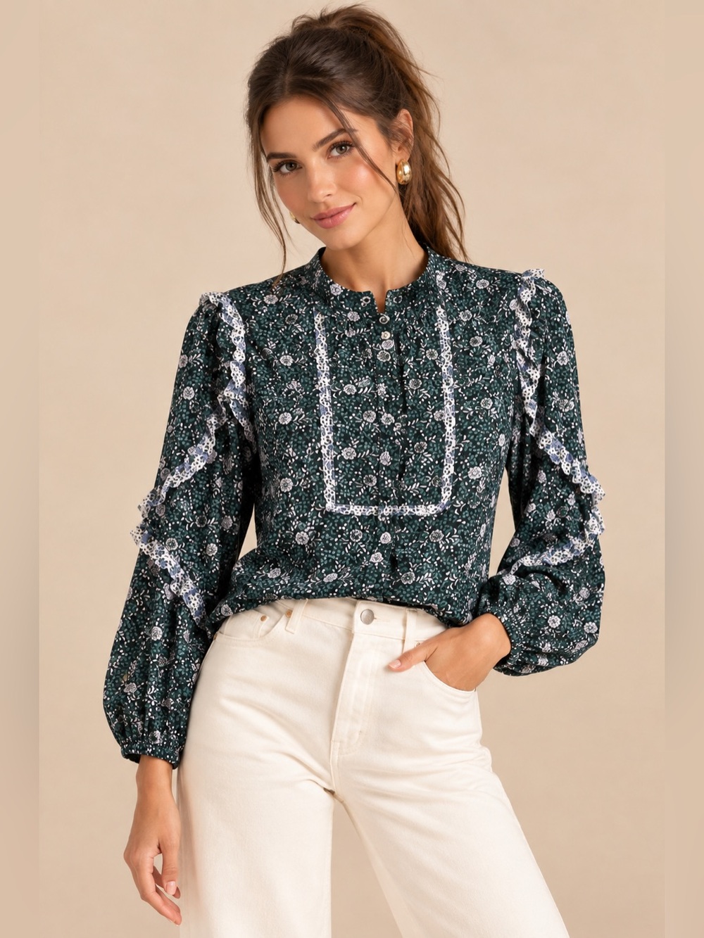 J.Crew Green Ditzy Floral Ruffle Trim Button Front Yolk Long Sleeve Blouse Small